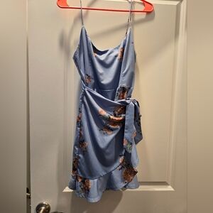 Blue floral wrap tie dress